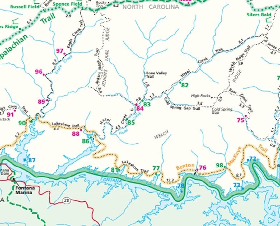 Trail map of Hazel Creek backcountry in GSMNP.